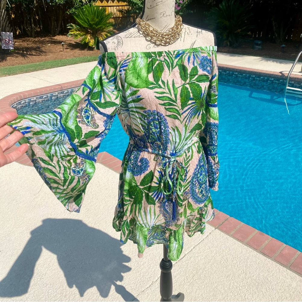 Blue Island tropical off shoulder coverup dress